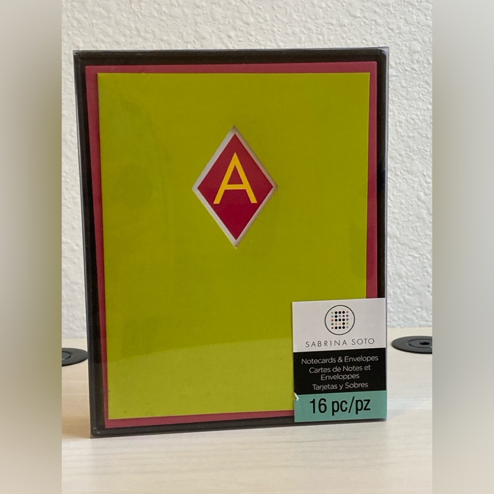 New in Box Sabrina Soto Chartreuse “A” Notecards Set